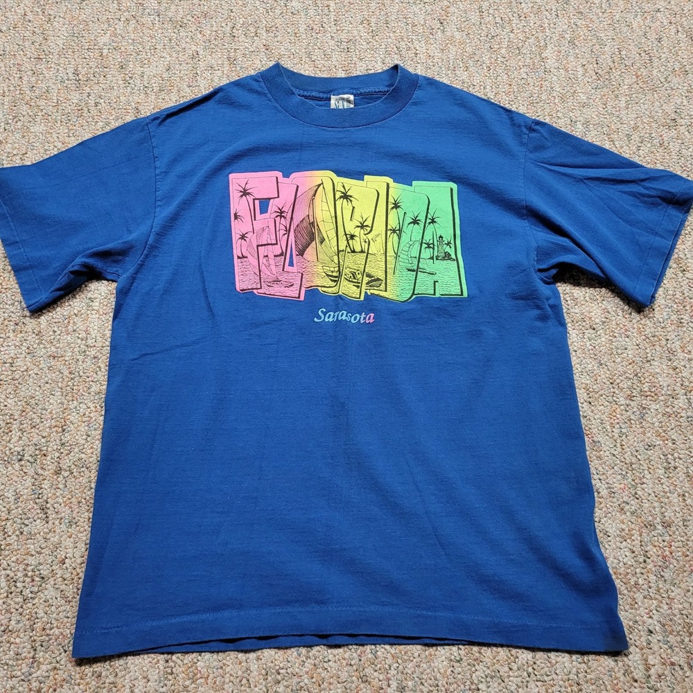 Sarasota Florida Shirt Mens‎ Large Blue Sun Sportswear Neon Vintage 90s Graphic